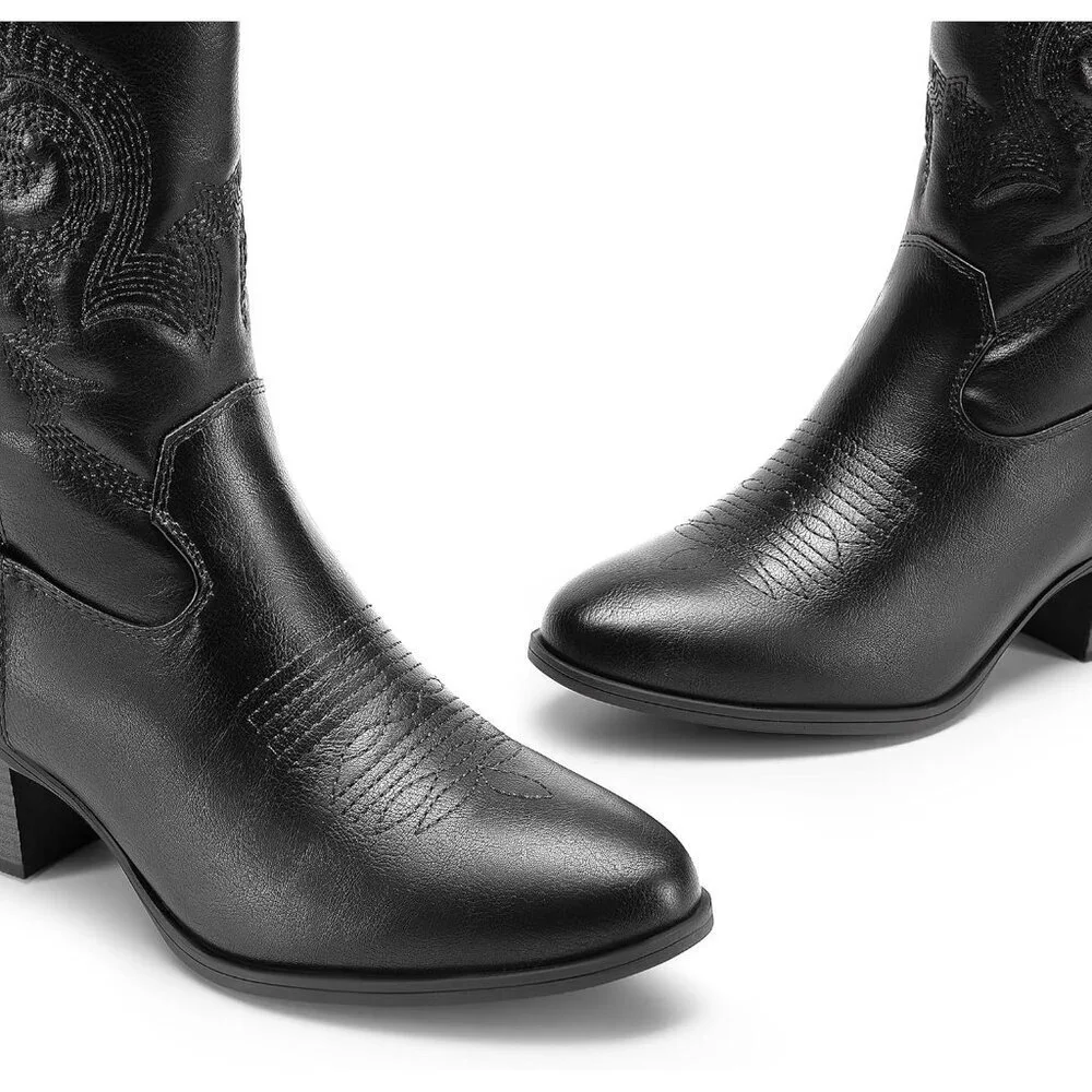 🆕Women All Black Suede leather Embroidered Country Heel Pointed Toe Boot